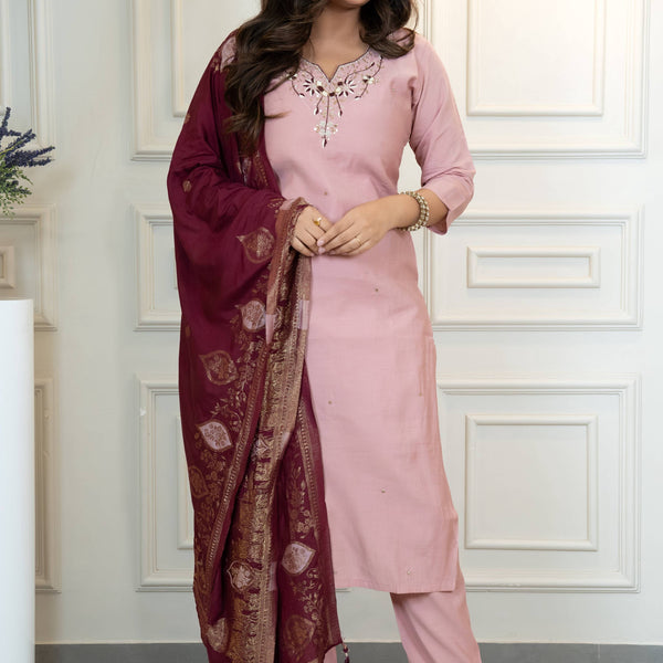 Vedant Vastram Roman Silk Hand Work & Embroidery Work Stitched Kurta Pant Dupatta Set-Peach - Distacart