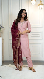 Thumbnail for Vedant Vastram Roman Silk Hand Work & Embroidery Work Stitched Kurta Pant Dupatta Set-Peach - Distacart