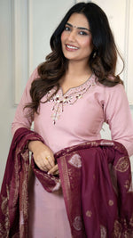 Thumbnail for Vedant Vastram Roman Silk Hand Work & Embroidery Work Stitched Kurta Pant Dupatta Set-Peach - Distacart