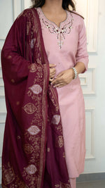 Thumbnail for Vedant Vastram Roman Silk Hand Work & Embroidery Work Stitched Kurta Pant Dupatta Set-Peach - Distacart