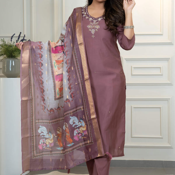 Vedant Vastram Roman Silk Hand Work & Embroidery Work Stitched Kurta Pant Dupatta Set-Burgundy - Distacart