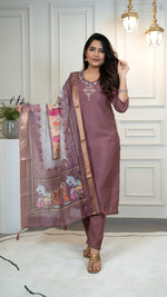 Thumbnail for Vedant Vastram Roman Silk Hand Work & Embroidery Work Stitched Kurta Pant Dupatta Set-Burgundy - Distacart