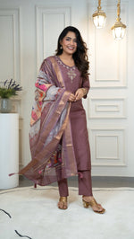 Thumbnail for Vedant Vastram Roman Silk Hand Work & Embroidery Work Stitched Kurta Pant Dupatta Set-Burgundy - Distacart