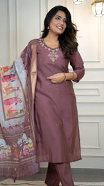 Thumbnail for Vedant Vastram Roman Silk Hand Work & Embroidery Work Stitched Kurta Pant Dupatta Set-Burgundy - Distacart