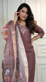 Thumbnail for Vedant Vastram Roman Silk Hand Work & Embroidery Work Stitched Kurta Pant Dupatta Set-Burgundy - Distacart