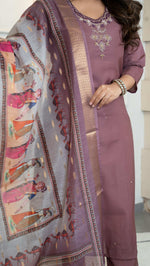 Thumbnail for Vedant Vastram Roman Silk Hand Work & Embroidery Work Stitched Kurta Pant Dupatta Set-Burgundy - Distacart