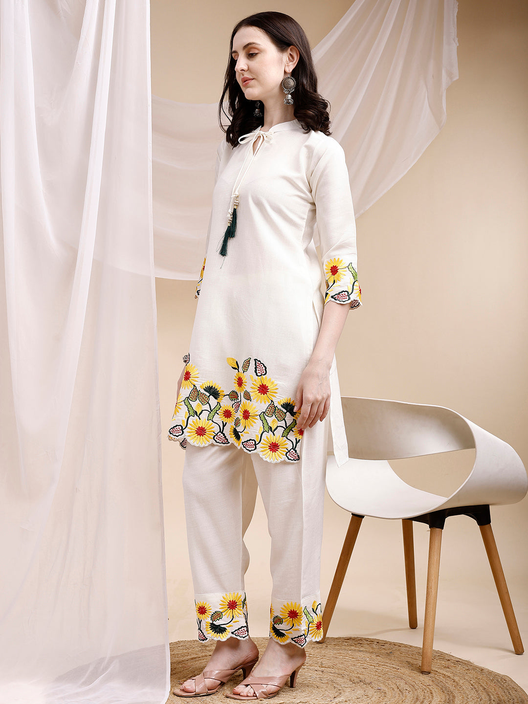 Two-Piece Embroidered Ethnic Co-Ord Set, White - Hiral Fashion - Dista