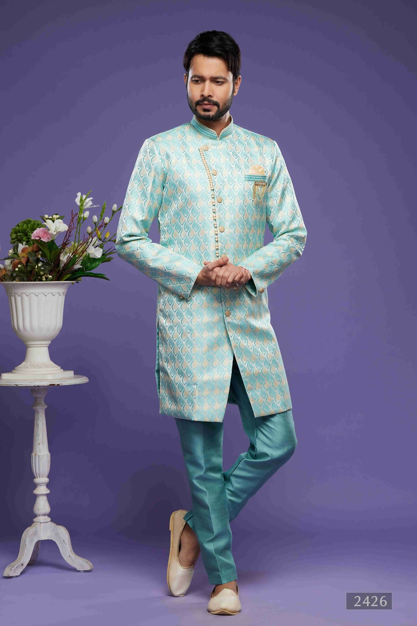 Raivat Ethnic Banarasi Jacquard Embroidery Semi Indo Western Sherwani In Sky Blue Colour