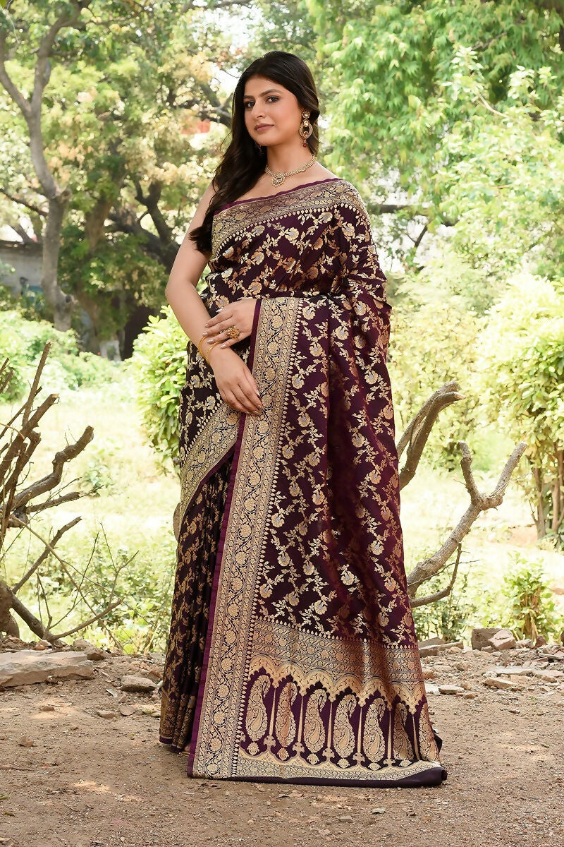 Joban Fashion Plum Purple Banarasi Soft Pure Handloom Banarasi Silk Saree