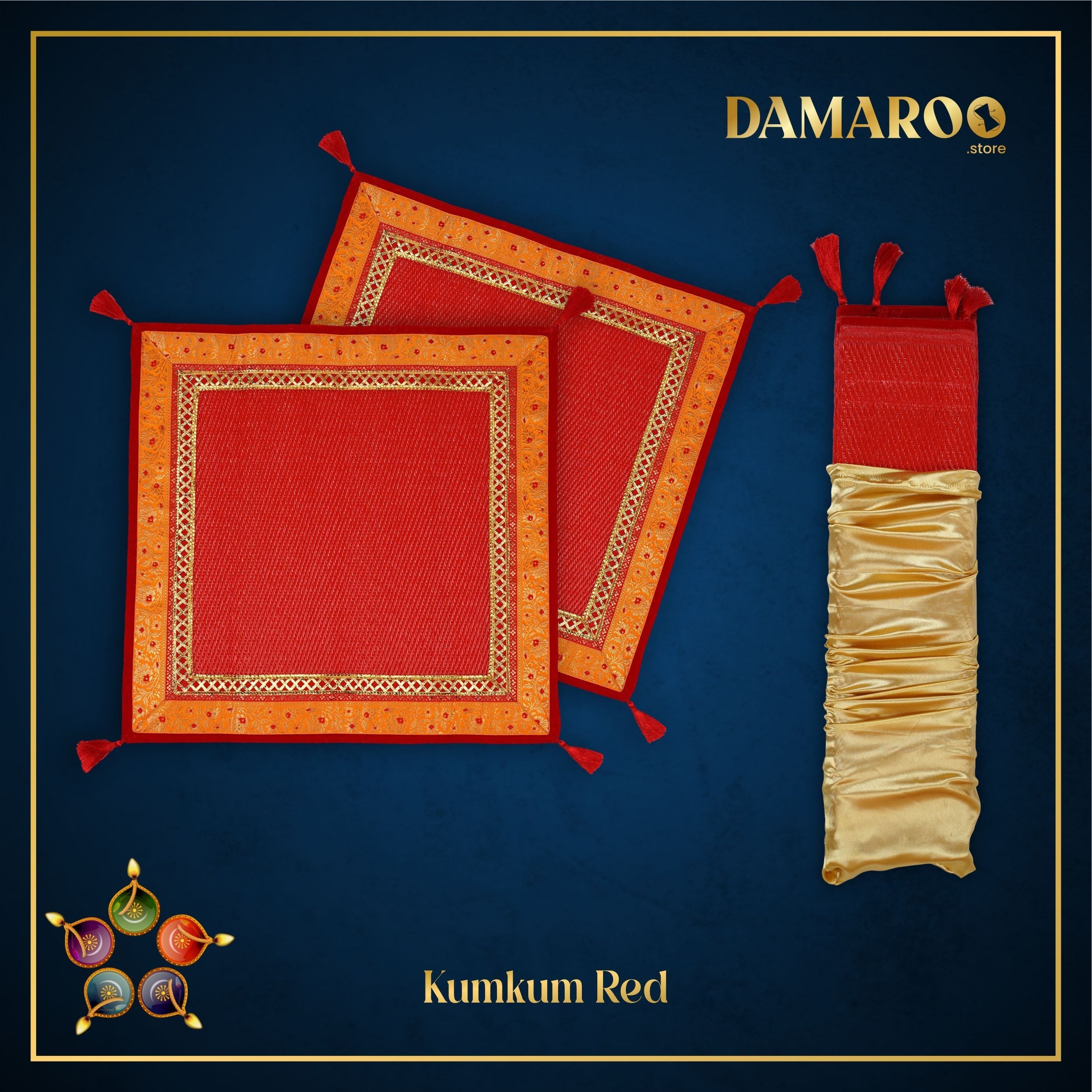 Damaroo Set of 2 | 2x2 ft | Pristine Nylon Pooja Aasan Set | Kesariya Banarasi Trim & Tassels - Kumkum Red - Distacart