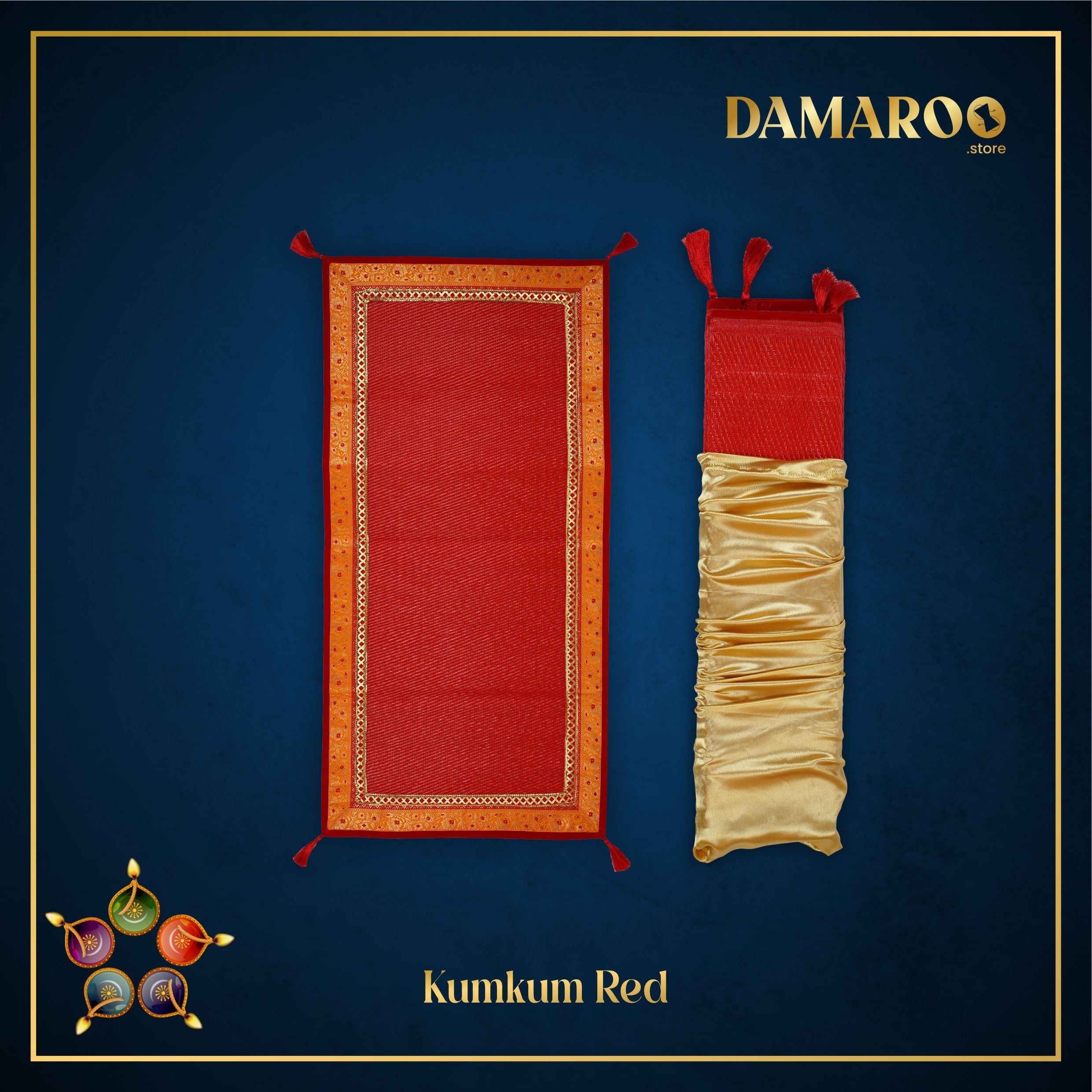 Damaroo 2x4 ft | Pristine Nylon Pooja Mat | Kesariya Banarasi Trim & Tassels - Kumkum Red - Distacart