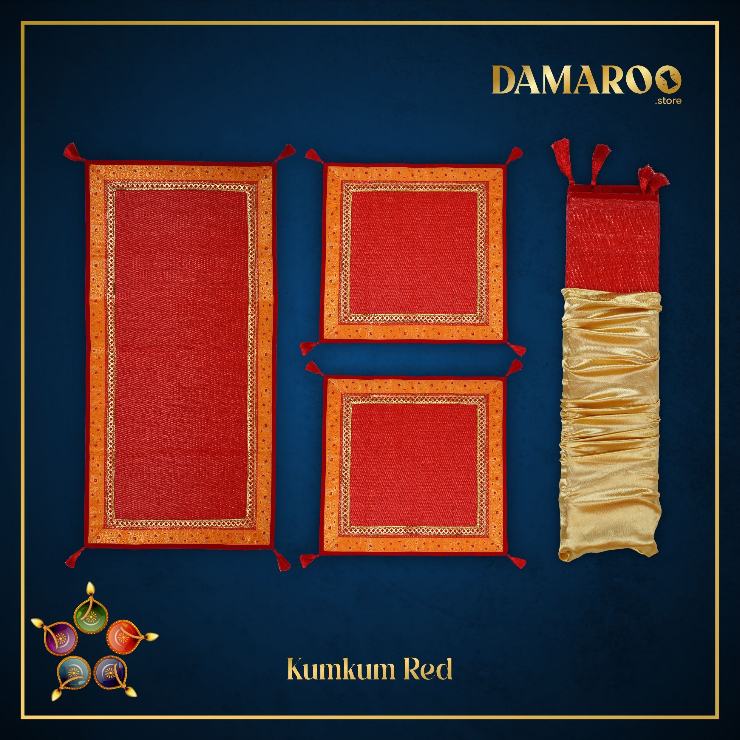 Damaroo Combo Pack of 3 | Pristine Nylon Pooja Aasan & Mat | Kesariya Banarasi Trim & Tassels - Kumkum Red - Distacart