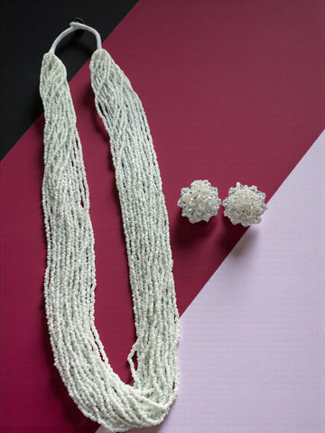 Inhanns Rangsaaz 20-Layer Luxe Long Beaded Necklace (With Optional Statement Earrings) - White With Earring Long - Distacart
