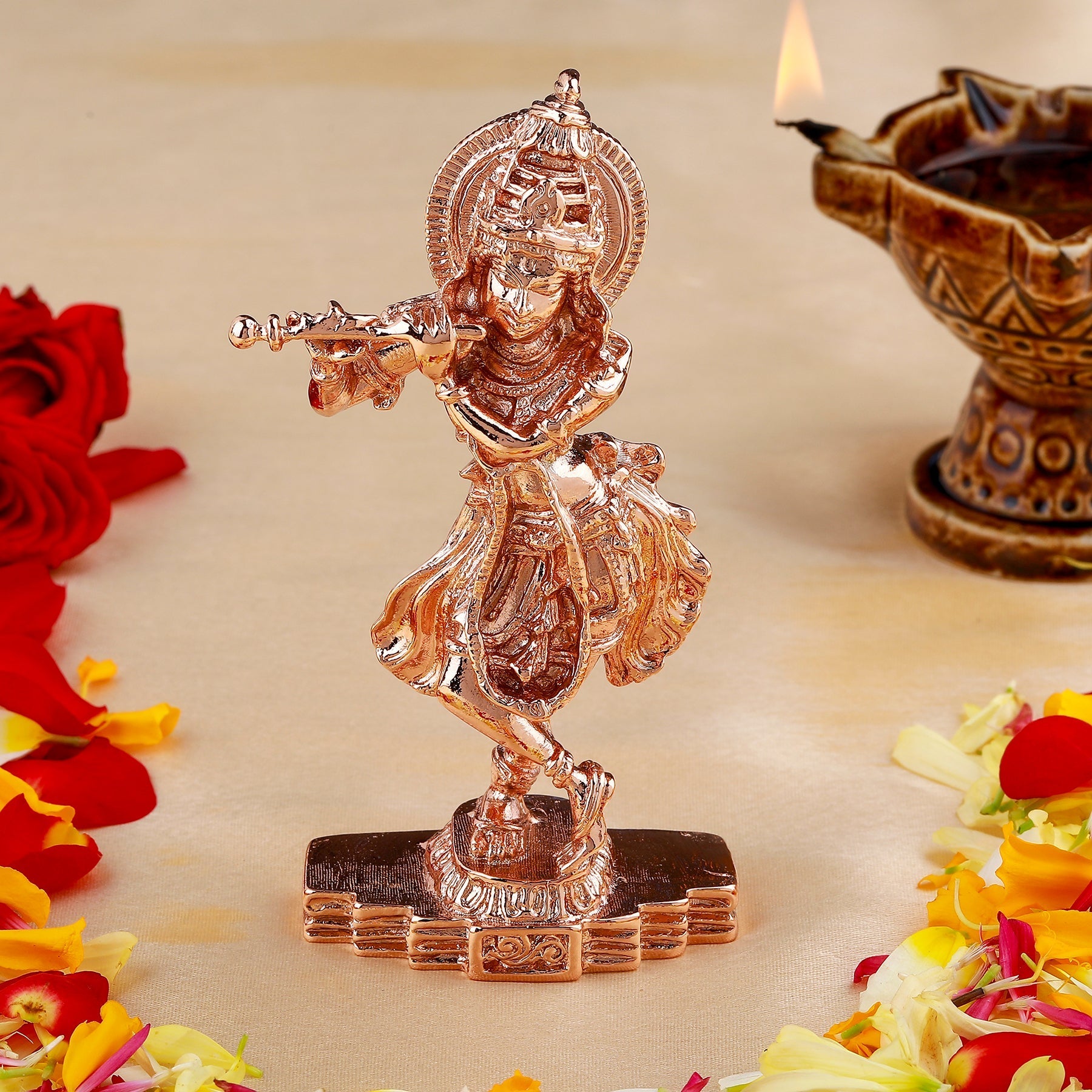Estele Pink/RoseGold-Polished Playing Flute Shri Krishna Idol/Deity|Showpiece for Pooja Mandir/Car décor - Distacart