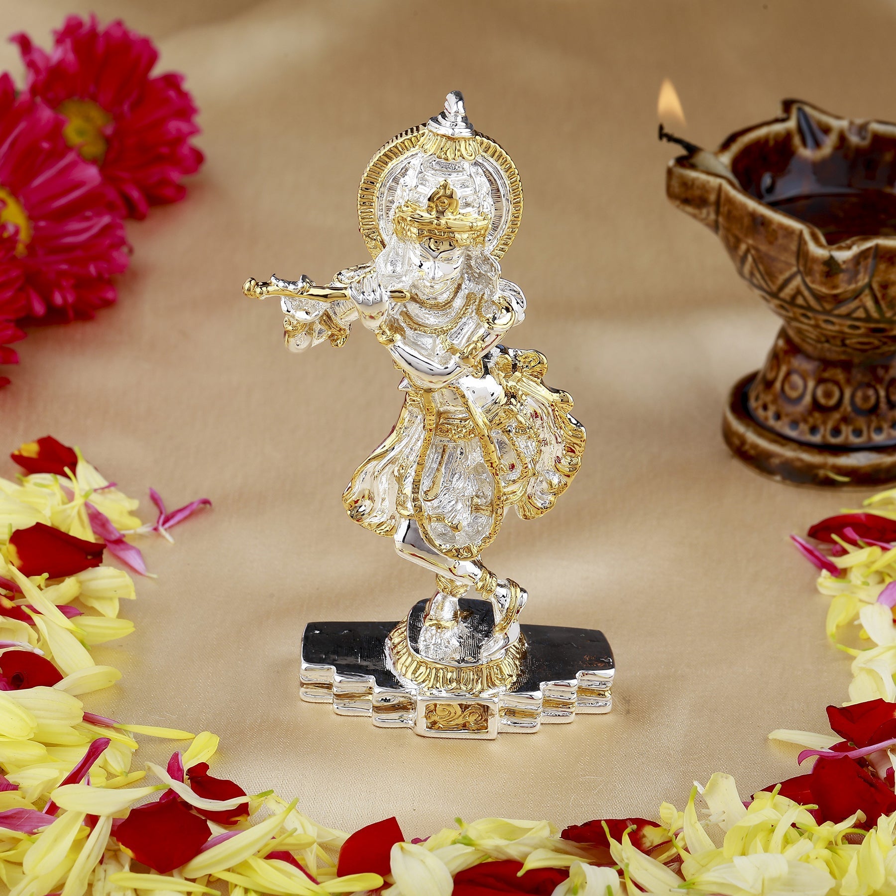 Estele Gold-Polished Playing flute Sri Krishna Idol for Home/Car decor - Distacart