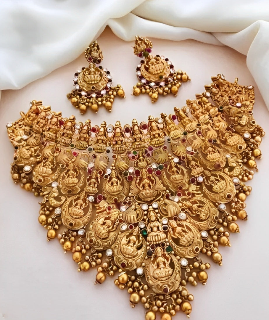 Jewel City Traditional Temple Jewelry Set Gold-Plated Lakshmi Choker Necklace & Jhumka Earrings Bridal South Indian Antique Set