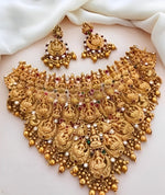 Thumbnail for Jewel City Traditional Temple Jewelry Set Gold-Plated Lakshmi Choker Necklace & Jhumka Earrings Bridal South Indian Antique Set