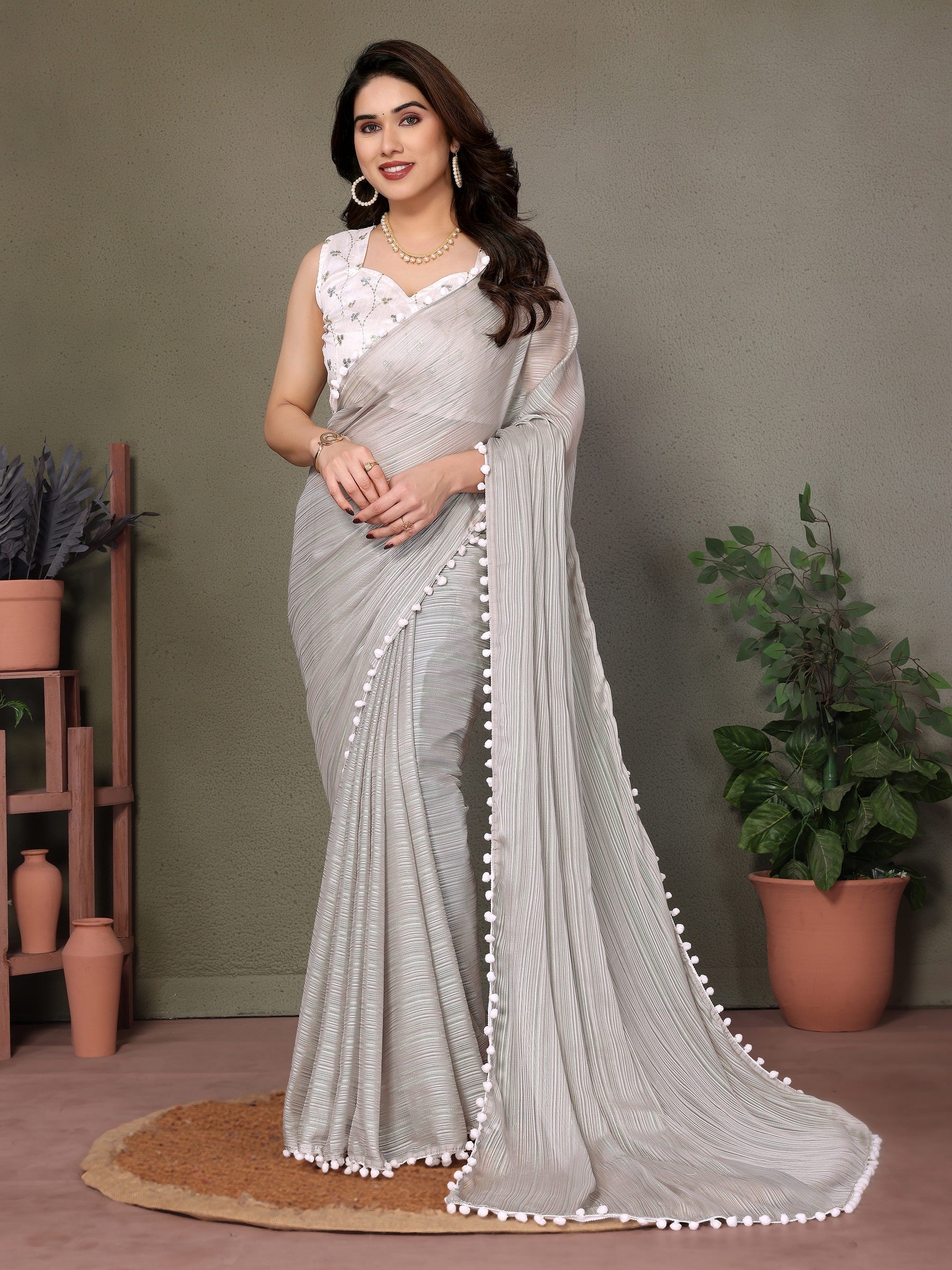 Vedant Vastram Poly Silk Embroidery Work Fancy Saree - Grey - Distacart