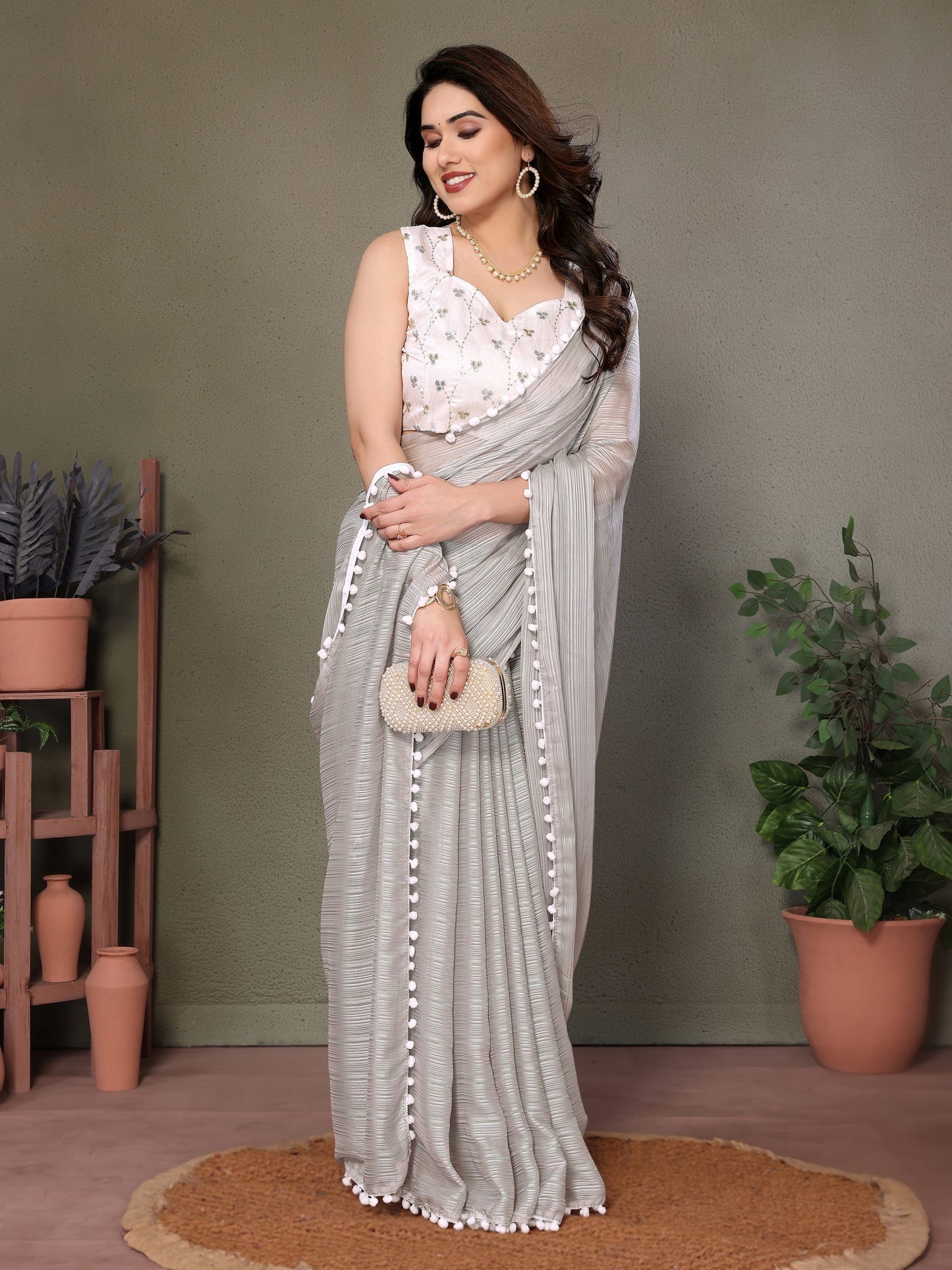 Vedant Vastram Poly Silk Embroidery Work Fancy Saree - Grey - Distacart