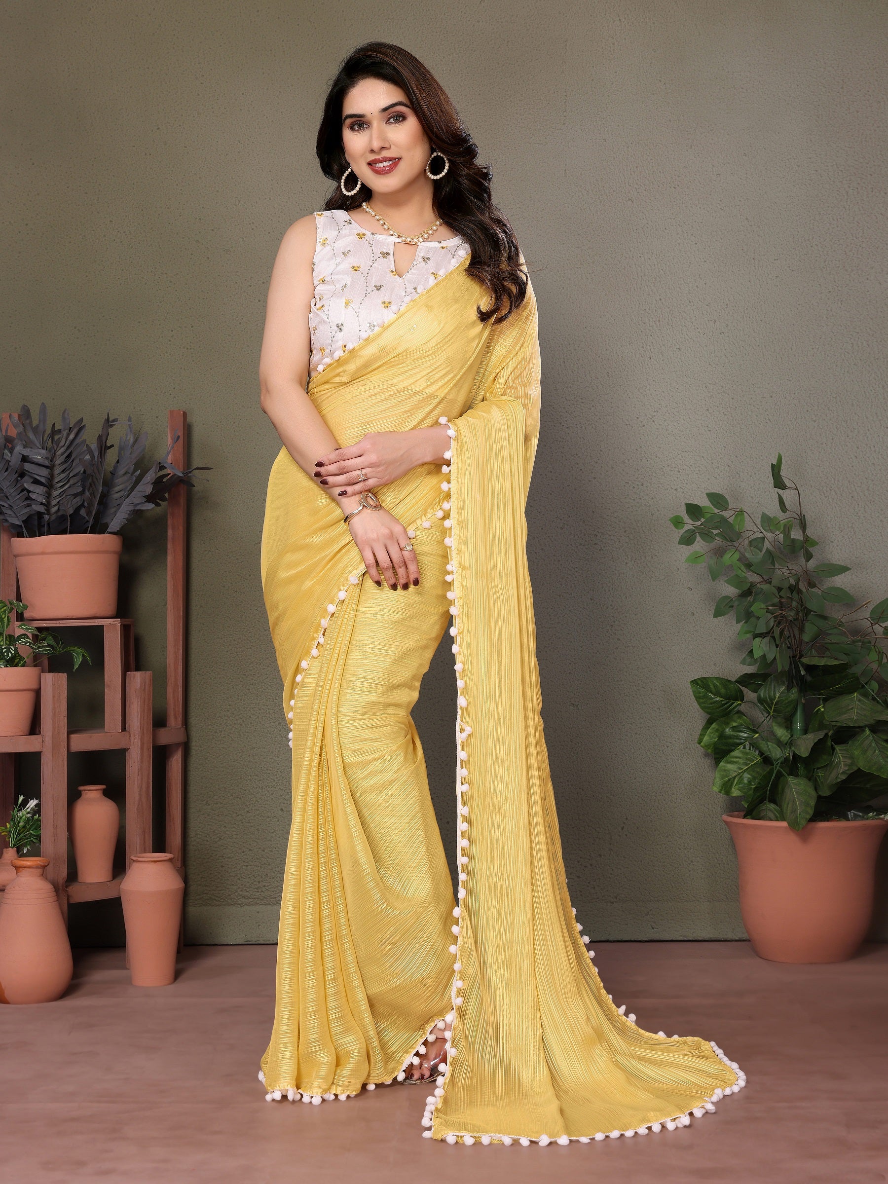 Vedant Vastram Poly Silk Embroidery Work Fancy Saree - Yellow - Distacart