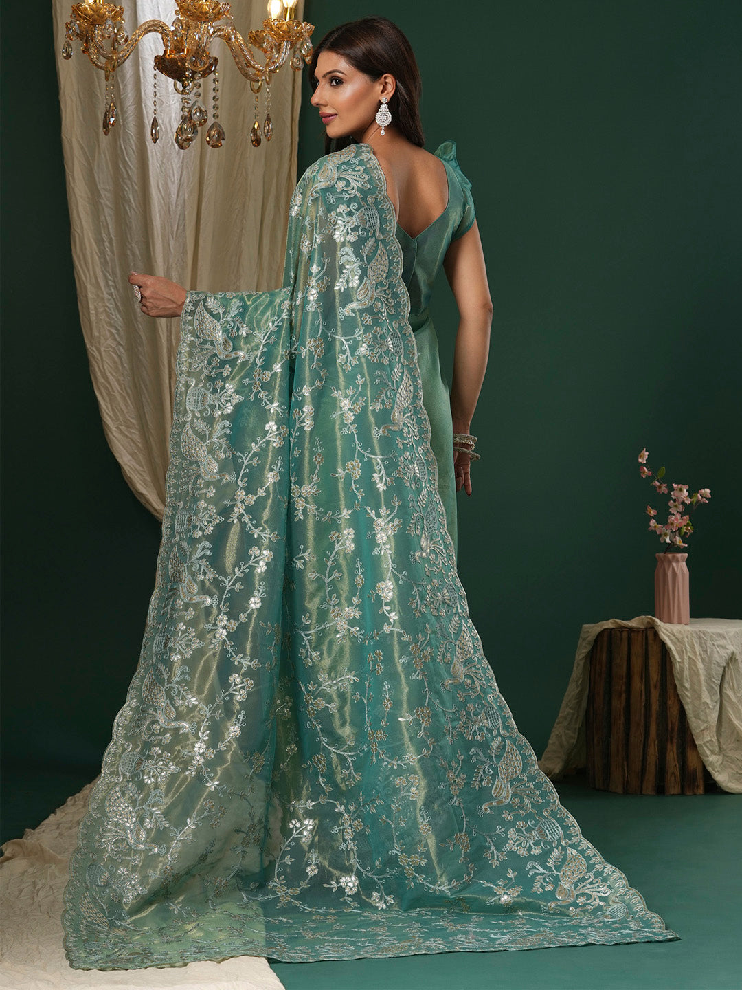 NOZ2TOZ Women's Organza Teal blue Embroidered Designer Saree With Blouse Piece - Distacart