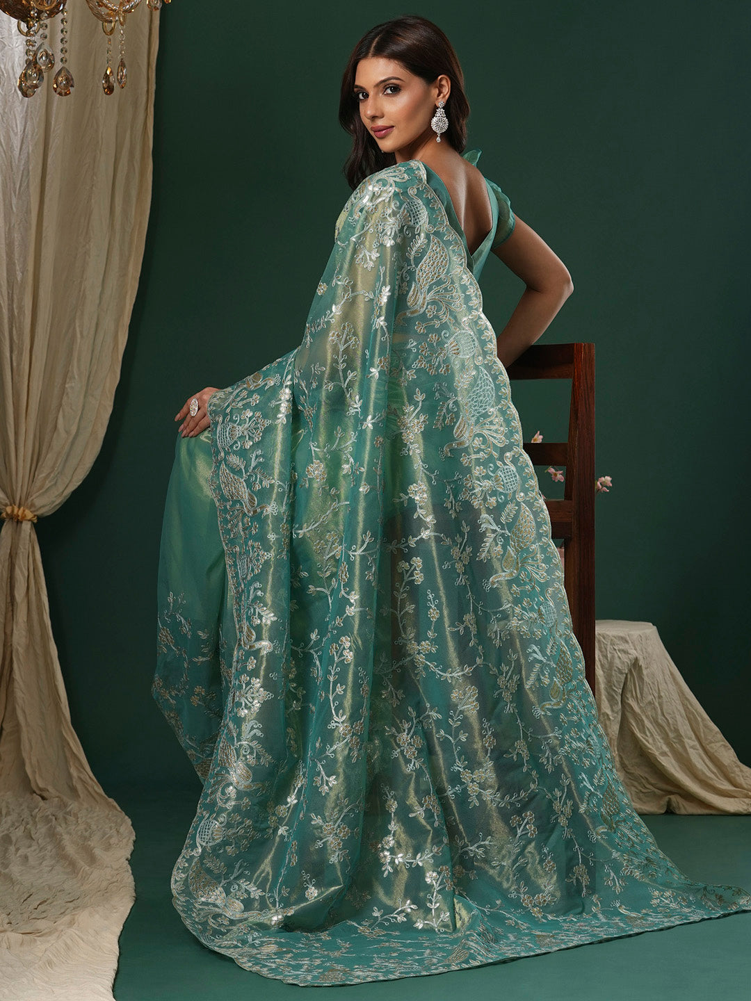 NOZ2TOZ Women's Organza Teal blue Embroidered Designer Saree With Blouse Piece - Distacart