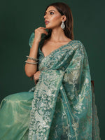 Thumbnail for NOZ2TOZ Women's Organza Teal blue Embroidered Designer Saree With Blouse Piece - Distacart