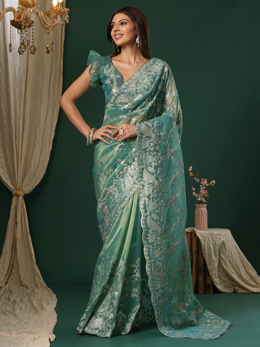 NOZ2TOZ Women's Organza Teal blue Embroidered Designer Saree With Blouse Piece - Distacart