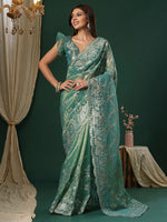 Thumbnail for NOZ2TOZ Women's Organza Teal blue Embroidered Designer Saree With Blouse Piece - Distacart