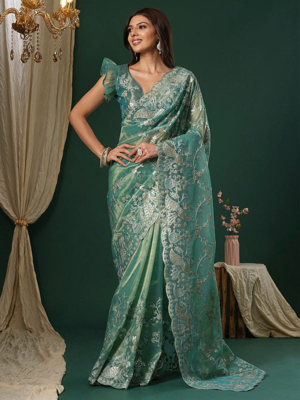 NOZ2TOZ Women's Organza Teal blue Embroidered Designer Saree With Blouse Piece - Distacart