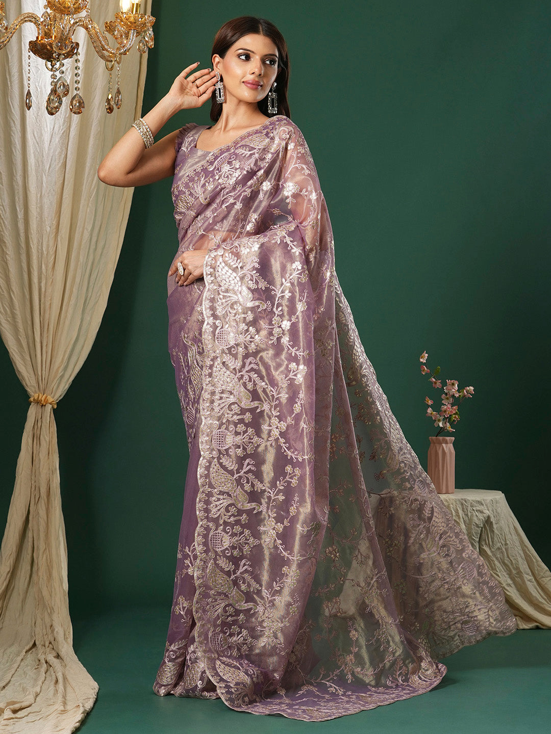 NOZ2TOZ Women's Organza Mauve Embroidered Designer Saree With Blouse Piece - Distacart