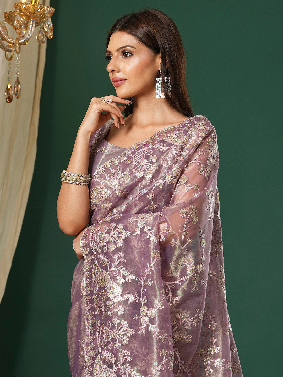 NOZ2TOZ Women's Organza Mauve Embroidered Designer Saree With Blouse Piece - Distacart