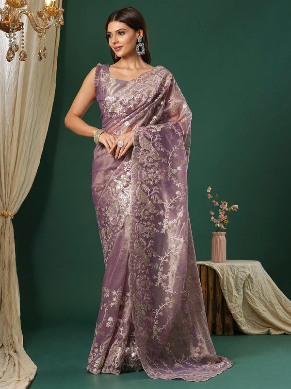 NOZ2TOZ Women's Organza Mauve Embroidered Designer Saree With Blouse Piece - Distacart