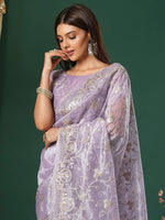 Thumbnail for NOZ2TOZ Women's Organza Lavender Embroidered Designer Saree With Blouse Piece - Distacart
