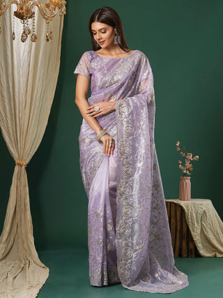 NOZ2TOZ Women's Organza Lavender Embroidered Designer Saree With Blouse Piece - Distacart