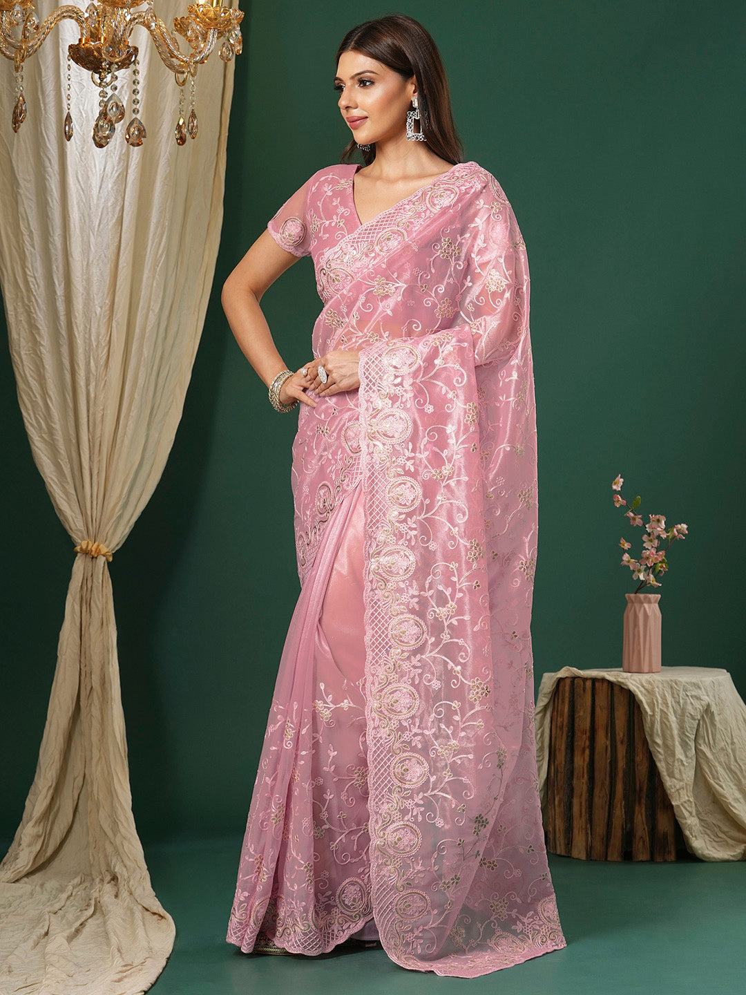 NOZ2TOZ Women's Organza Pink Embroidered Designer Saree With Blouse Piece - Distacart