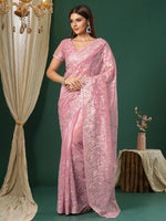 Thumbnail for NOZ2TOZ Women's Organza Pink Embroidered Designer Saree With Blouse Piece - Distacart