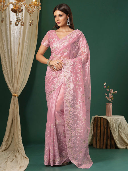 NOZ2TOZ Women's Organza Pink Embroidered Designer Saree With Blouse Piece - Distacart