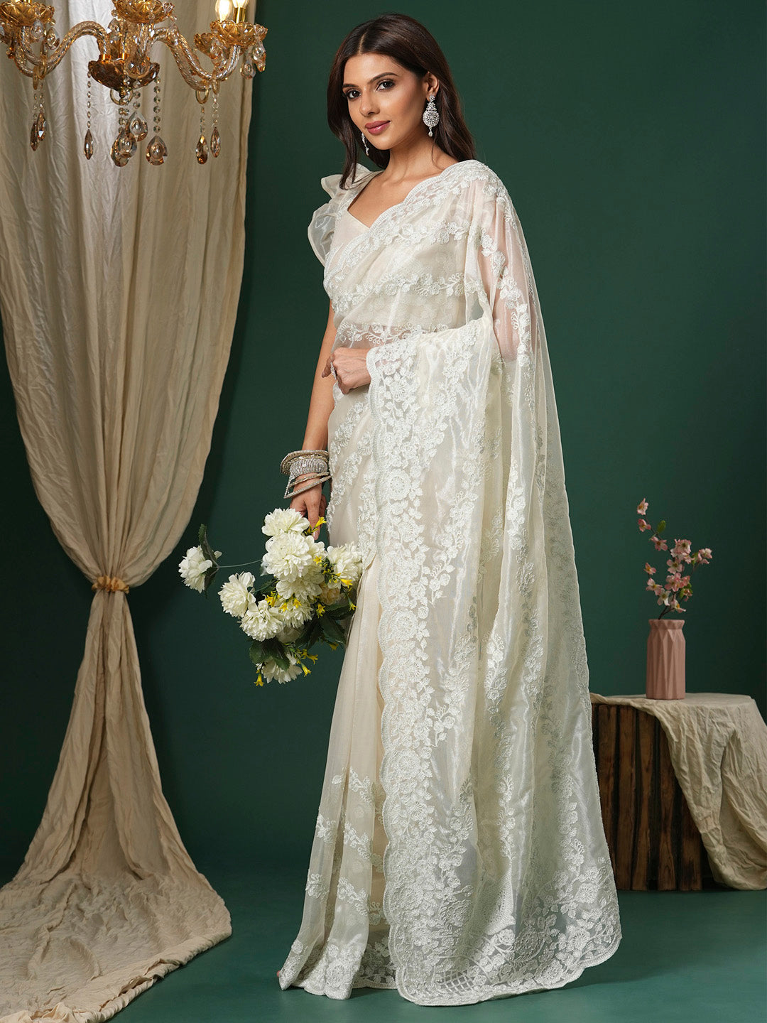 NOZ2TOZ Women's Organza Beige Embroidered Designer Saree With Blouse Piece - Distacart