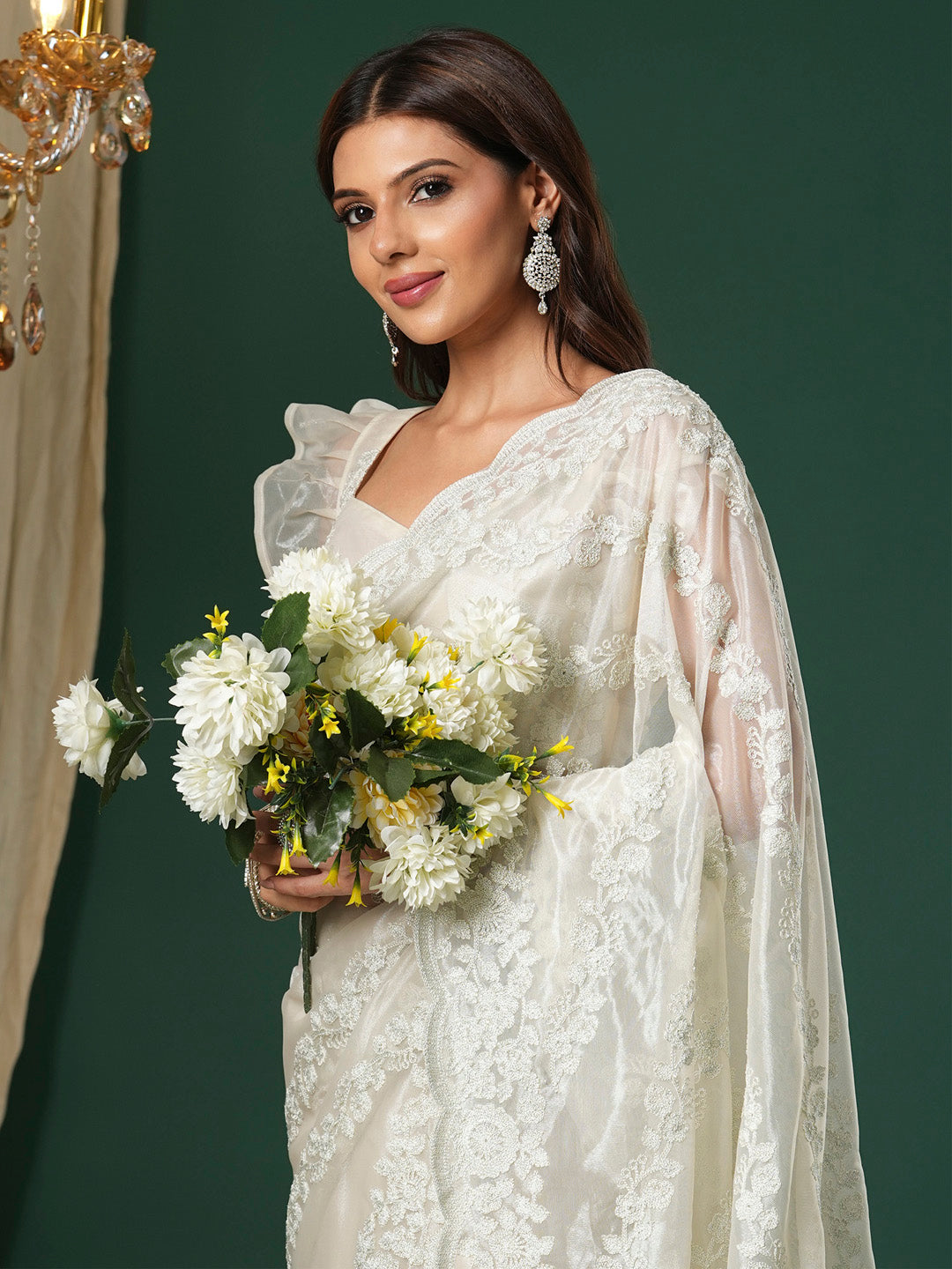 NOZ2TOZ Women's Organza Beige Embroidered Designer Saree With Blouse Piece - Distacart