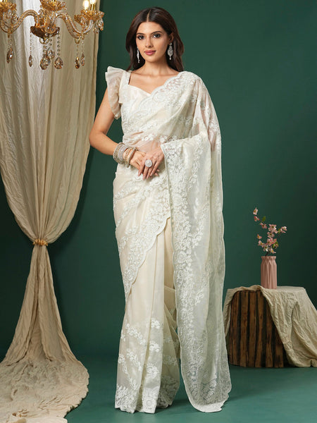NOZ2TOZ Women's Organza Beige Embroidered Designer Saree With Blouse Piece - Distacart