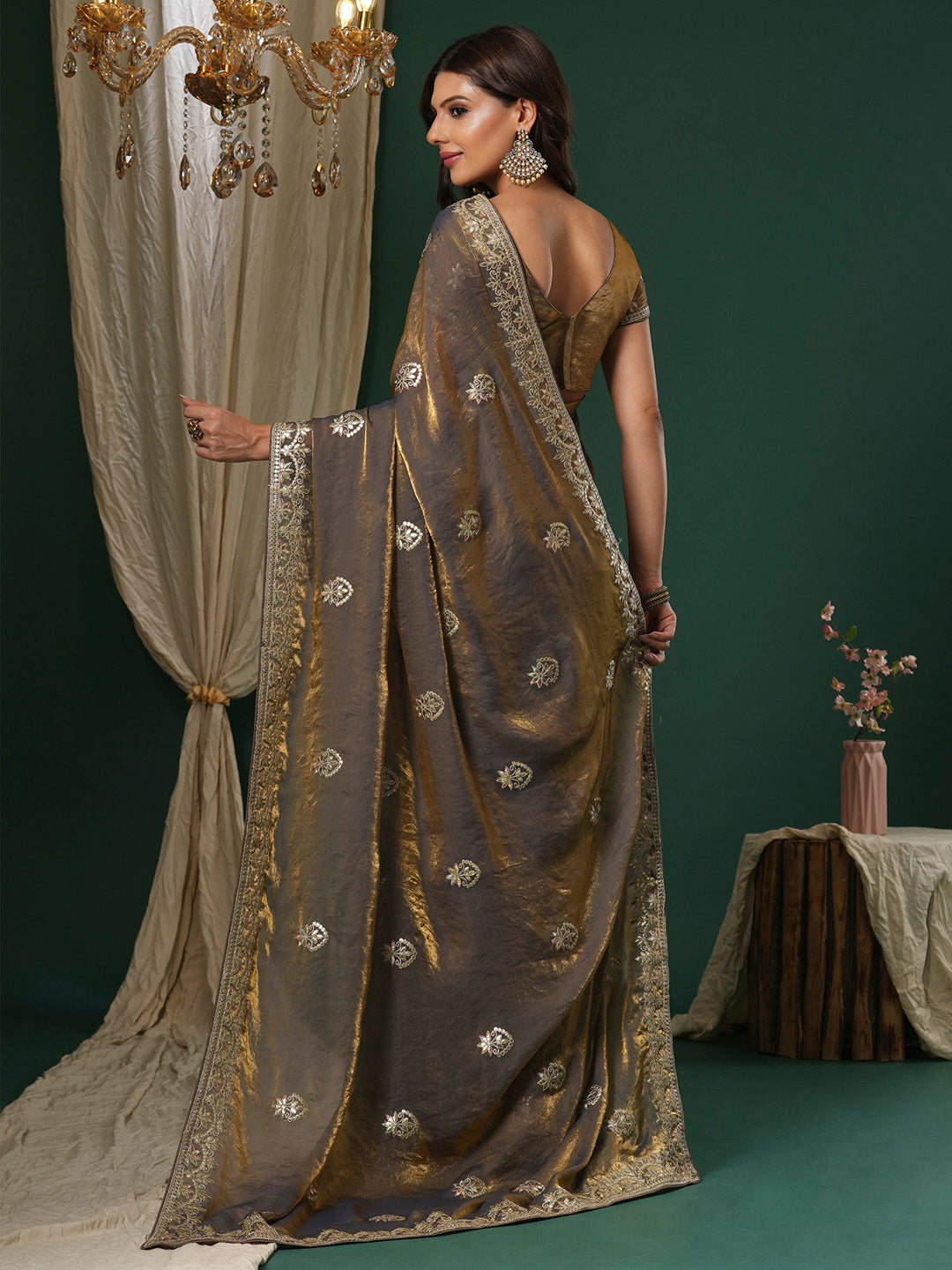 NOZ2TOZ Women's Satin Silk Bronze Embroidered Designer Saree With Blouse Piece - Distacart