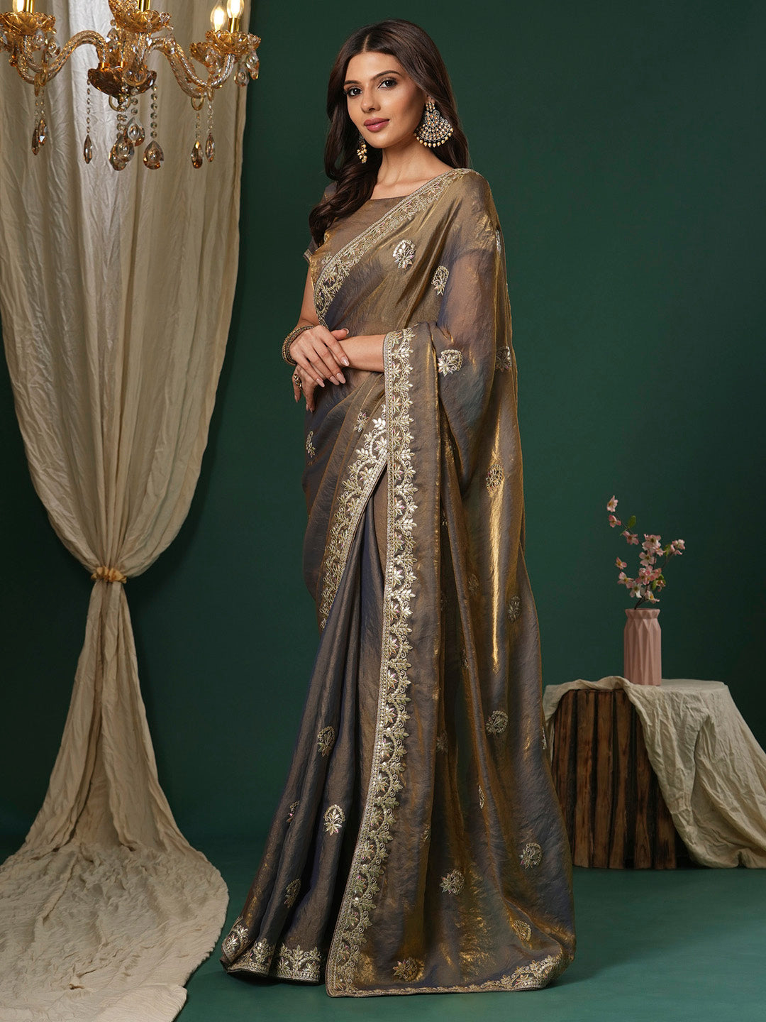 NOZ2TOZ Women's Satin Silk Bronze Embroidered Designer Saree With Blouse Piece - Distacart