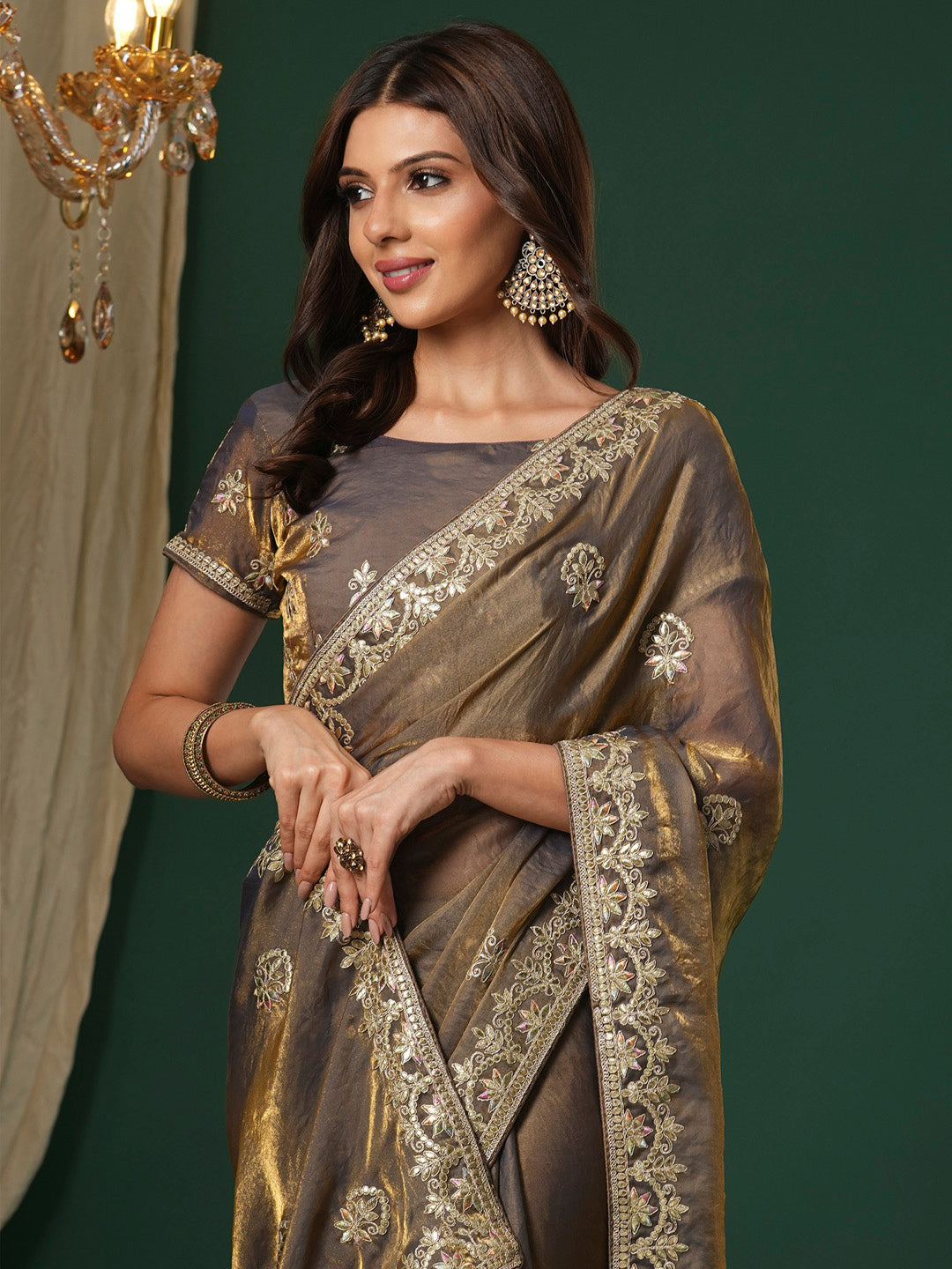 NOZ2TOZ Women's Satin Silk Bronze Embroidered Designer Saree With Blouse Piece - Distacart