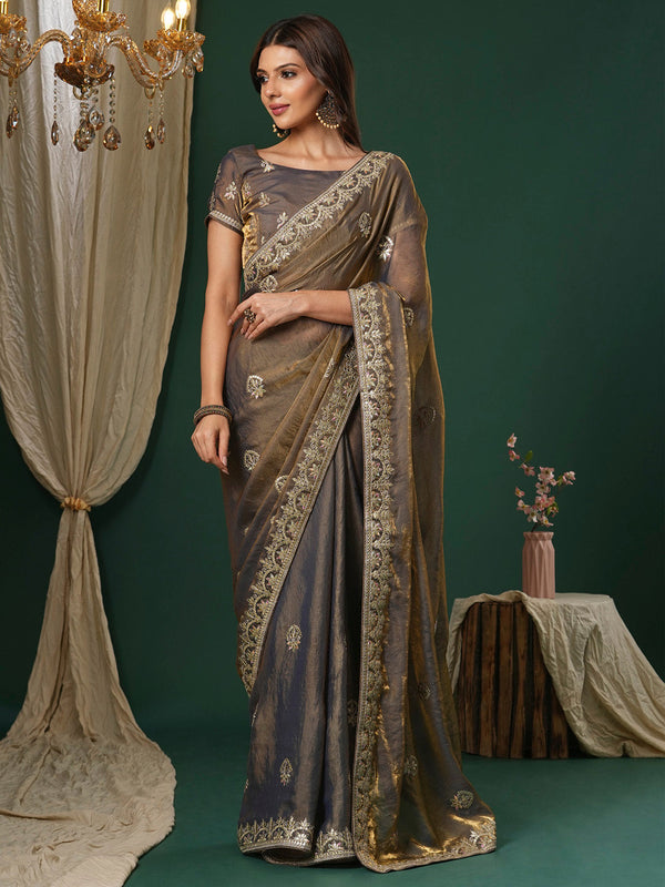 NOZ2TOZ Women's Satin Silk Bronze Embroidered Designer Saree With Blouse Piece - Distacart