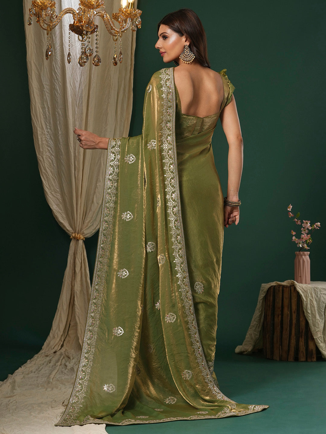 NOZ2TOZ Women's Satin Silk Light Green Embroidered Designer Saree With Blouse Piece - Distacart