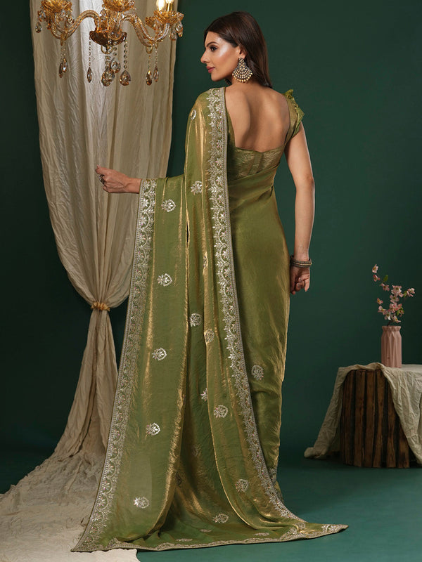 NOZ2TOZ Women's Satin Silk Light Green Embroidered Designer Saree With Blouse Piece - Distacart