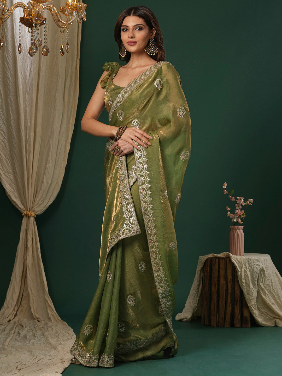 NOZ2TOZ Women's Satin Silk Light Green Embroidered Designer Saree With Blouse Piece - Distacart