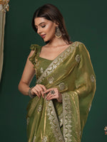 Thumbnail for NOZ2TOZ Women's Satin Silk Light Green Embroidered Designer Saree With Blouse Piece - Distacart