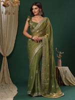 Thumbnail for NOZ2TOZ Women's Satin Silk Light Green Embroidered Designer Saree With Blouse Piece - Distacart